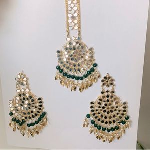 Jewelry Set Earrings Tika Headpiece Indian Bollywood Mirror Work Kundan Bead
